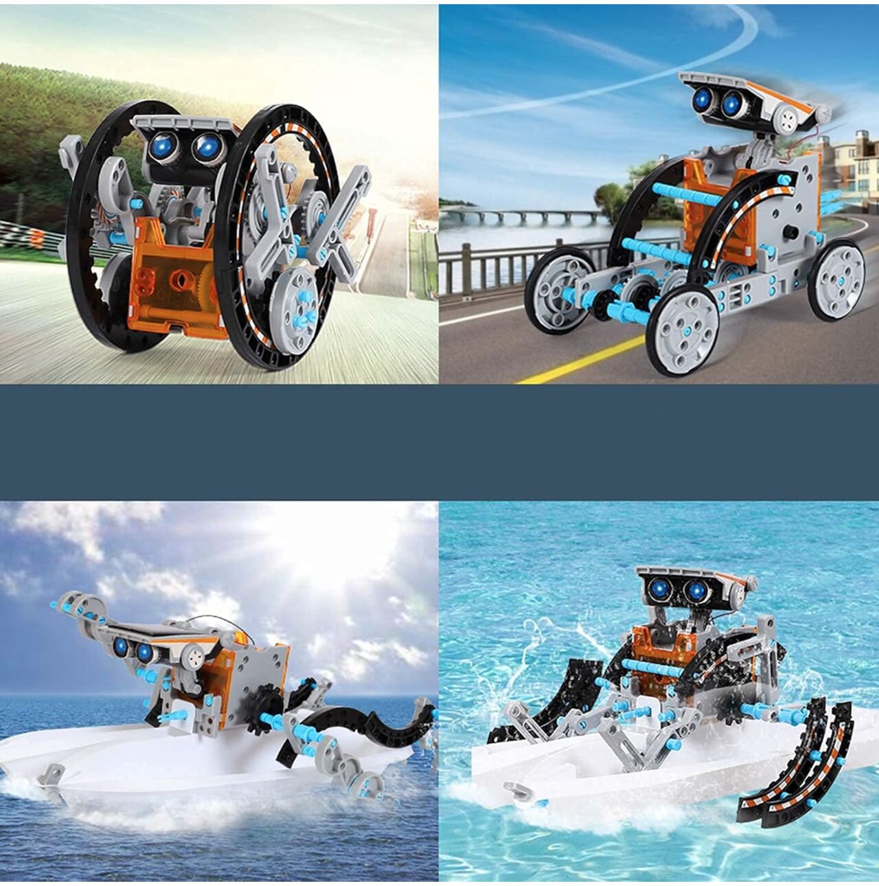 Set de Creatie Educational Robot Energetic 13in1 idealSTORE, Include Panou Solar, Posibilitatea de a construii pana la 13 variante, Usor de asamblat, Deplasare pe Uscat sau pe Apa, Fabricat din plastic ABS, Dezvolta Creativitatea si Intelectuala Generala