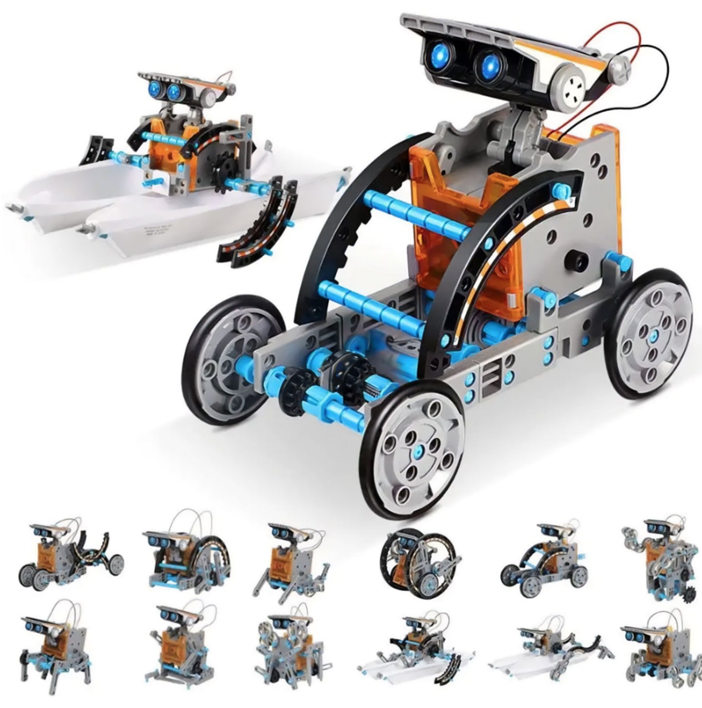 Set de Creatie Educational Robot Energetic 13in1 idealSTORE, Include Panou Solar, Posibilitatea de a construii pana la 13 variante, Usor de asamblat, Deplasare pe Uscat sau pe Apa, Fabricat din plastic ABS, Dezvolta Creativitatea si Intelectuala Generala