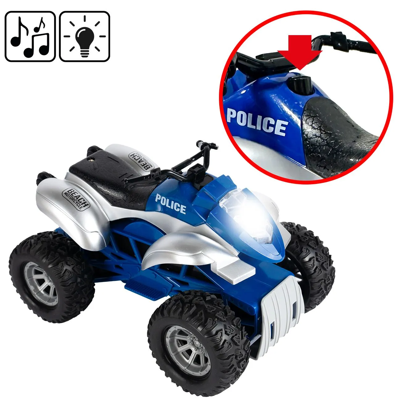 Jucarie 2in1 ATV cu Barca de Politie Coast Guard idealSTORE, Accesorizat cu Sunete si Lumini, Carlig pentru Remorcare, Rampa Rabatabila, Ideal pentru copiii pasionati de Politia Marina, Dezvolta Creativitatea si Imaginatia