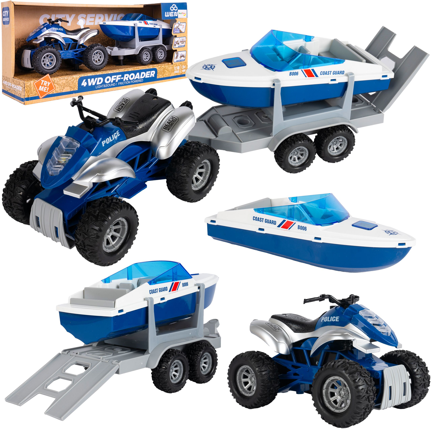 Jucarie 2in1 ATV cu Barca de Politie Coast Guard idealSTORE, Accesorizat cu Sunete si Lumini, Carlig pentru Remorcare, Rampa Rabatabila, Ideal pentru copiii pasionati de Politia Marina, Dezvolta Creativitatea si Imaginatia