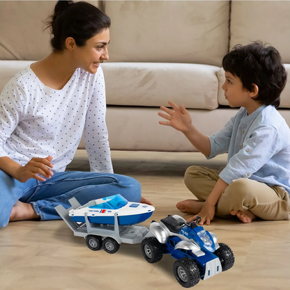 Jucarie 2in1 ATV cu Barca de Politie Coast Guard idealSTORE, Accesorizat cu Sunete si Lumini, Carlig pentru Remorcare, Rampa Rabatabila, Ideal pentru copiii pasionati de Politia Marina, Dezvolta Creativitatea si Imaginatia