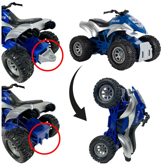 Jucarie 2in1 ATV cu Barca de Politie Coast Guard idealSTORE, Accesorizat cu Sunete si Lumini, Carlig pentru Remorcare, Rampa Rabatabila, Ideal pentru copiii pasionati de Politia Marina, Dezvolta Creativitatea si Imaginatia