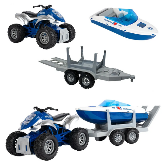 Jucarie 2in1 ATV cu Barca de Politie Coast Guard idealSTORE, Accesorizat cu Sunete si Lumini, Carlig pentru Remorcare, Rampa Rabatabila, Ideal pentru copiii pasionati de Politia Marina, Dezvolta Creativitatea si Imaginatia