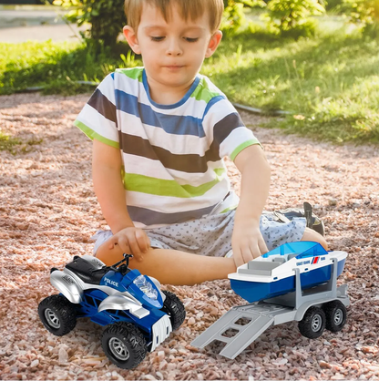 Jucarie 2in1 ATV cu Barca de Politie Coast Guard idealSTORE, Accesorizat cu Sunete si Lumini, Carlig pentru Remorcare, Rampa Rabatabila, Ideal pentru copiii pasionati de Politia Marina, Dezvolta Creativitatea si Imaginatia