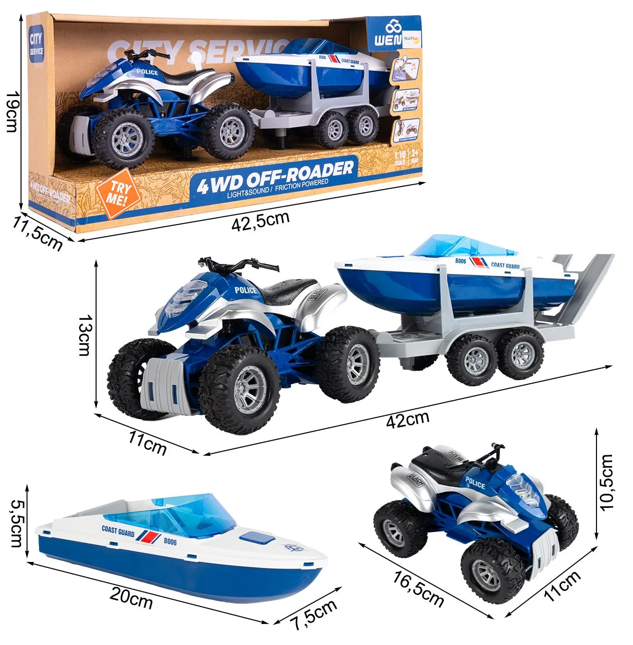Jucarie 2in1 ATV cu Barca de Politie Coast Guard idealSTORE, Accesorizat cu Sunete si Lumini, Carlig pentru Remorcare, Rampa Rabatabila, Ideal pentru copiii pasionati de Politia Marina, Dezvolta Creativitatea si Imaginatia