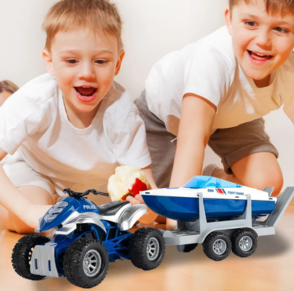 Jucarie 2in1 ATV cu Barca de Politie Coast Guard idealSTORE, Accesorizat cu Sunete si Lumini, Carlig pentru Remorcare, Rampa Rabatabila, Ideal pentru copiii pasionati de Politia Marina, Dezvolta Creativitatea si Imaginatia