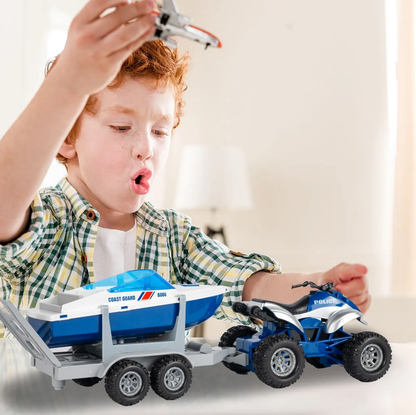 Jucarie 2in1 ATV cu Barca de Politie Coast Guard idealSTORE, Accesorizat cu Sunete si Lumini, Carlig pentru Remorcare, Rampa Rabatabila, Ideal pentru copiii pasionati de Politia Marina, Dezvolta Creativitatea si Imaginatia