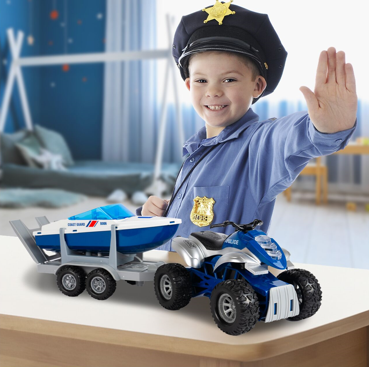 Jucarie 2in1 ATV cu Barca de Politie Coast Guard idealSTORE, Accesorizat cu Sunete si Lumini, Carlig pentru Remorcare, Rampa Rabatabila, Ideal pentru copiii pasionati de Politia Marina, Dezvolta Creativitatea si Imaginatia