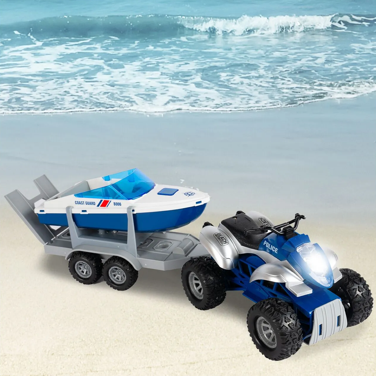 Jucarie 2in1 ATV cu Barca de Politie Coast Guard idealSTORE, Accesorizat cu Sunete si Lumini, Carlig pentru Remorcare, Rampa Rabatabila, Ideal pentru copiii pasionati de Politia Marina, Dezvolta Creativitatea si Imaginatia