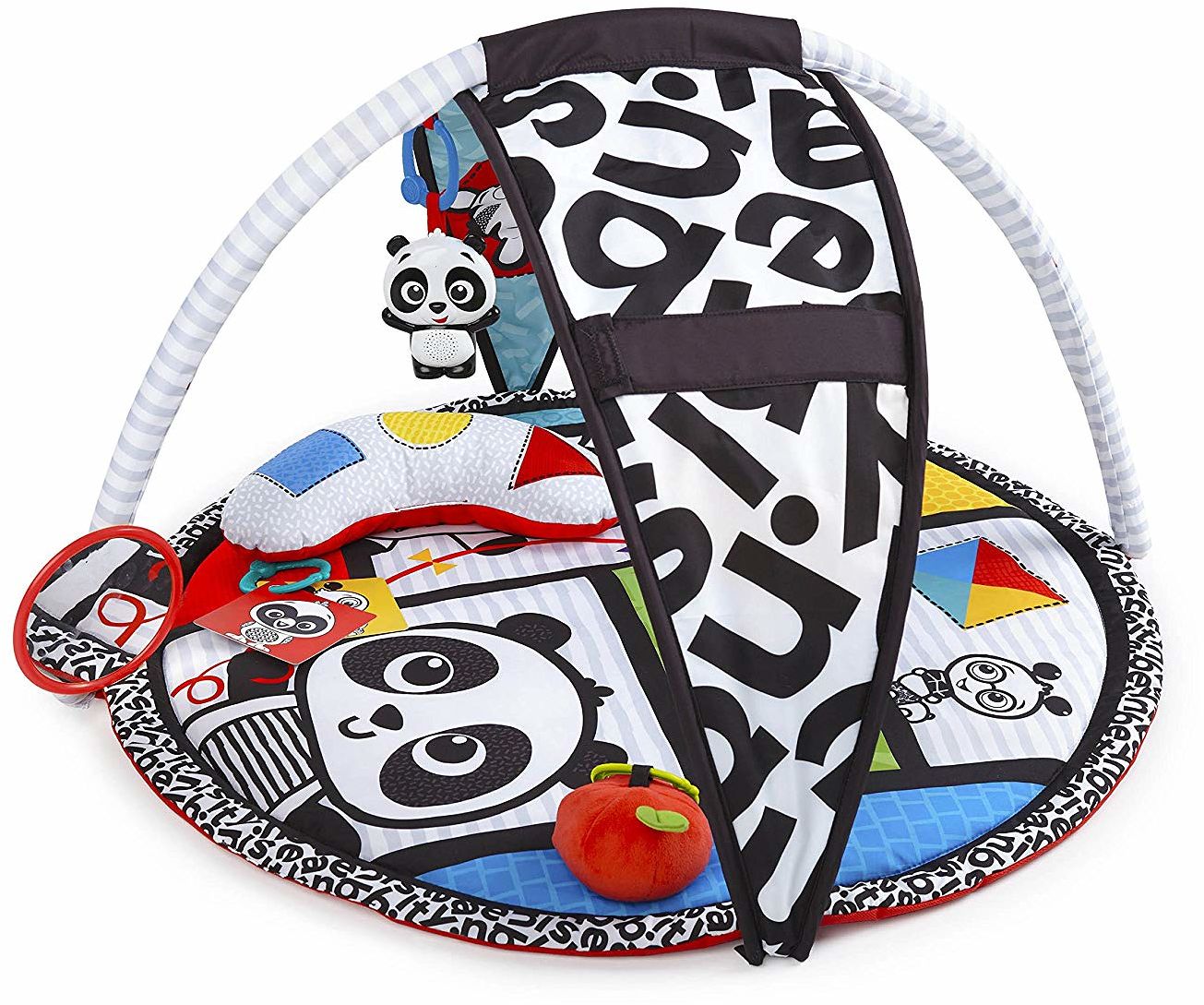 Centru de activitati tip Covoras Educational idealSTORE PANDA BEAR JUNIOR, Echipat cu elemente simbolice ce ajuta la dezvoltarea simturilor, Se adapteaza cu usurinta permitandu-i copilului sa se joace pe spate, pe burta si in pozitia de sezut