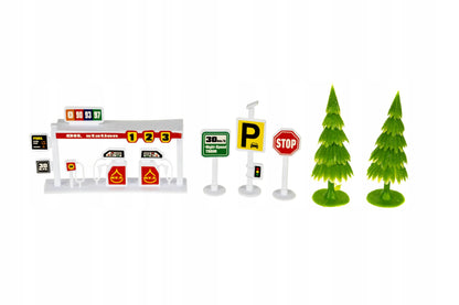 Pista Magica idealStore Magic Cars formata din 484 elemente cu 2 Masinute, include Pod, Tunel, Benzinarie