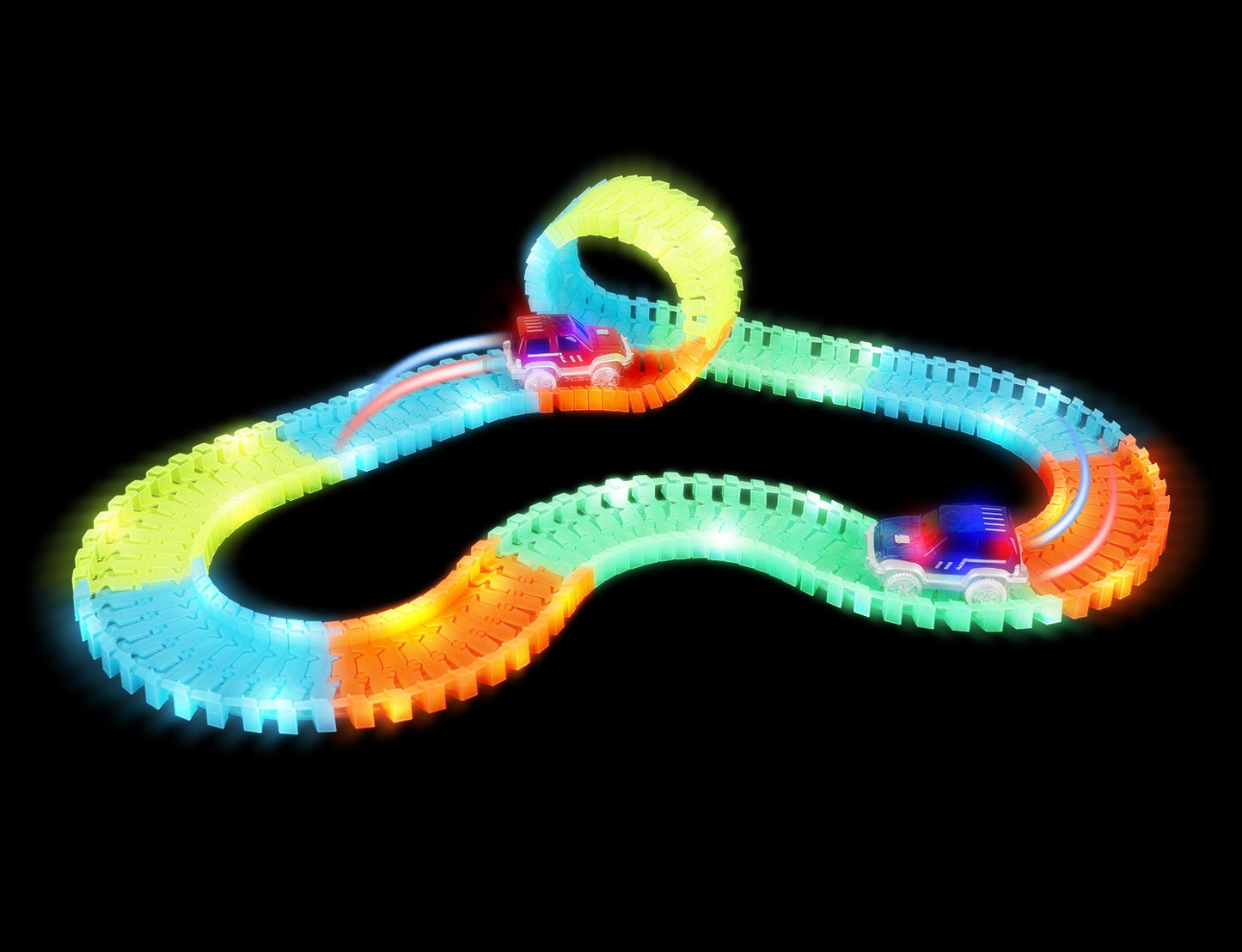 Pista Magica idealStore Magic Cars formata din 484 elemente cu 2 Masinute, include Pod, Tunel, Benzinarie