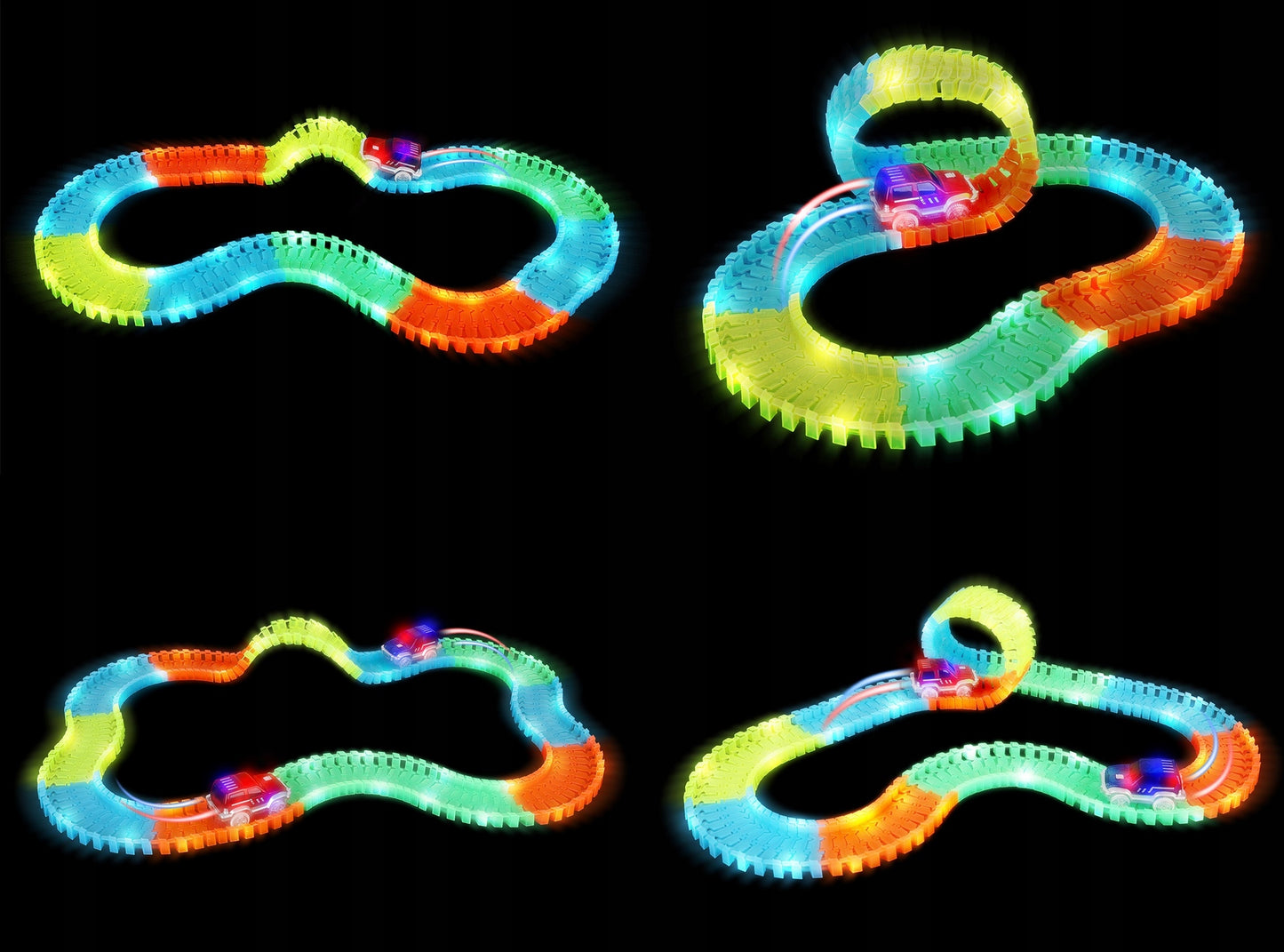 Pista Magica idealStore Magic Cars formata din 484 elemente cu 2 Masinute, include Pod, Tunel, Benzinarie