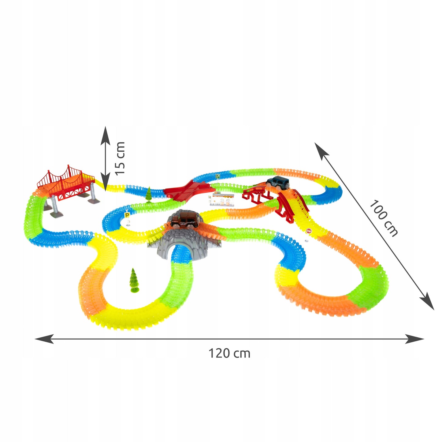Pista Magica idealStore Magic Cars formata din 484 elemente cu 2 Masinute, include Pod, Tunel, Benzinarie