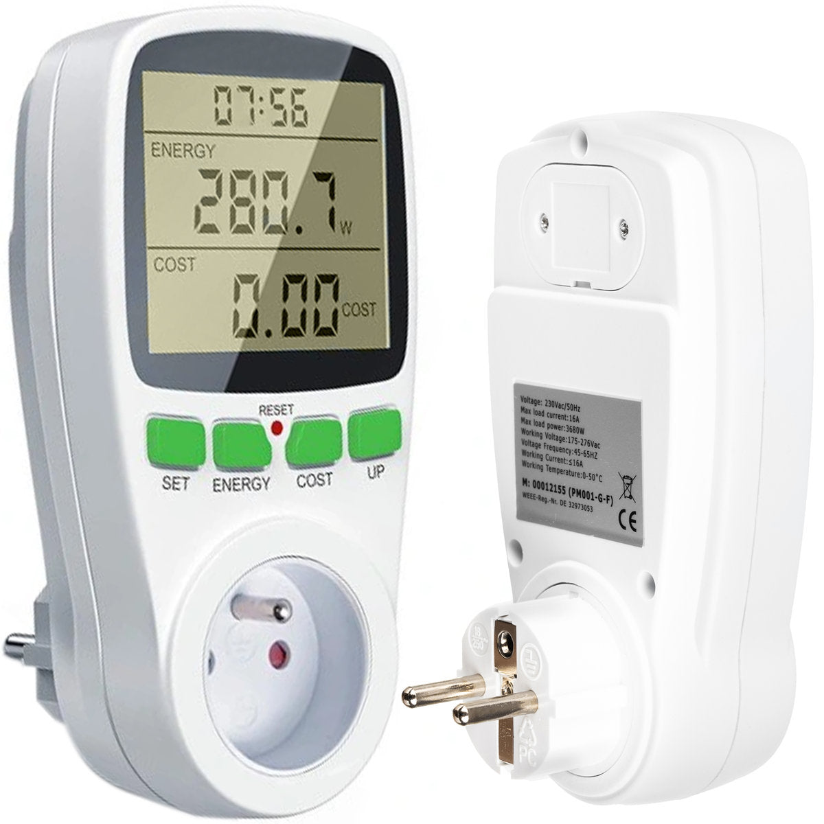 Priza cu Contor de energie idealStore SaveEnergy, Digital, Setare Energie Consumata, Setare Cost kWh, Monitorizare Consum, Afisaj Mare, Programare consum energie, Putere maxima 3680 W, culoare Alb