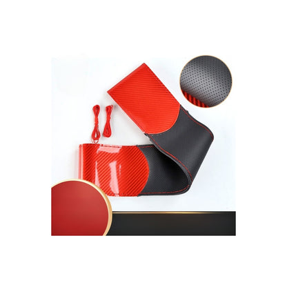 Husa de volan cu gaurele, Ac si ata PREMIUM, Marimea M 37-39cm, din Piele pentru un aspect placut al masinii si un confort sporit, Reduce gradul de oboseala, permite manevrarea mult mai usoara a volanului si protejeaza impotriva degradarii, Rosu-Carbon