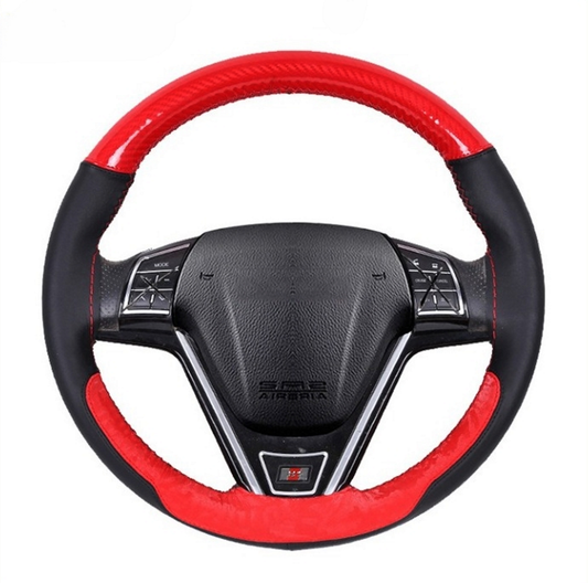 Husa de volan cu gaurele, Ac si ata PREMIUM, Marimea M 37-39cm, din Piele pentru un aspect placut al masinii si un confort sporit, Reduce gradul de oboseala, permite manevrarea mult mai usoara a volanului si protejeaza impotriva degradarii, Rosu-Carbon