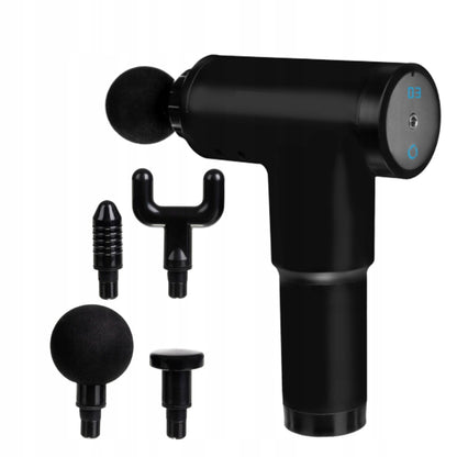 Aparat de Masaj tip Pistol idealStore, 4 capete, Autonomie 2 Ore, Ecran LCD, Relaxeaza si Stimuleaza Muschii, Design Ergonomic, Vibratii 1200 - 3200 rpm, culoare Negru