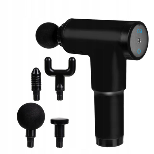 Aparat de Masaj tip Pistol idealStore, 4 capete, Autonomie 2 Ore, Ecran LCD, Relaxeaza si Stimuleaza Muschii, Design Ergonomic, Vibratii 1200 - 3200 rpm, culoare Negru