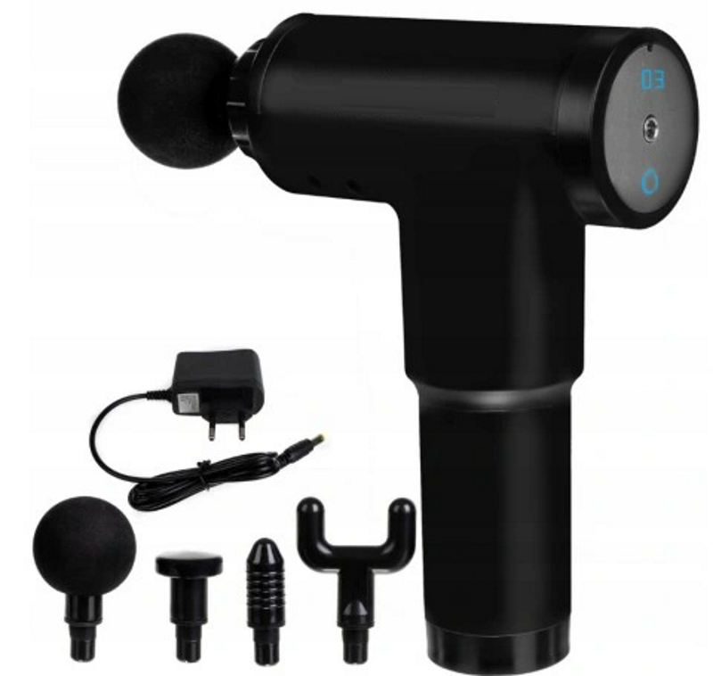 Aparat de Masaj tip Pistol idealStore, 4 capete, Autonomie 2 Ore, Ecran LCD, Relaxeaza si Stimuleaza Muschii, Design Ergonomic, Vibratii 1200 - 3200 rpm, culoare Negru