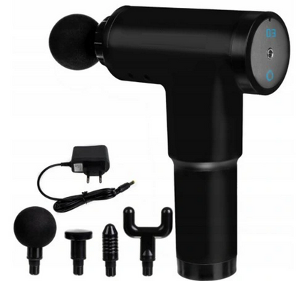 Aparat de Masaj tip Pistol idealStore, 4 capete, Autonomie 2 Ore, Ecran LCD, Relaxeaza si Stimuleaza Muschii, Design Ergonomic, Vibratii 1200 - 3200 rpm, culoare Negru