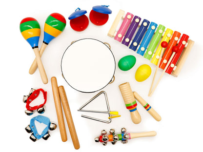 Set 14 instrumente muzicale idealSTORE, Juniorii Muzicieni, Dezvolta performantele sunetelor, Incurajeaza jocul de rol prin exersarea fiecarui instrument, Alaturi de rucsac pentru depozitare, Material, lemn, metal, tesatura