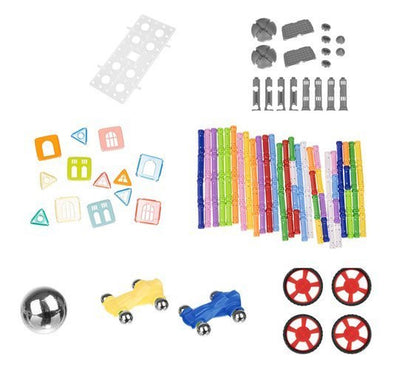 Joc Educativ cu Bastonase Magnetice, Magnetic Cubs idealStore, Contine 328 Piese, Diverse Forme si Culori, Materiale Sigure si Durabile, 2 Masinute Incluse, Stimuleaza Creativitatea, Imaginatia, Dexteritatea