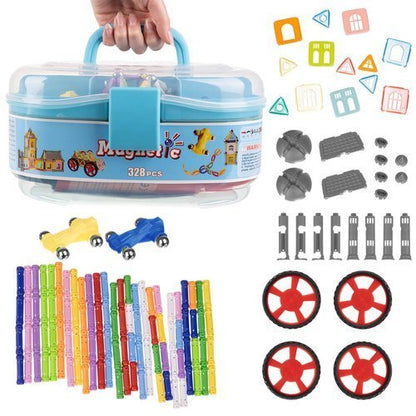 Joc Educativ cu Bastonase Magnetice, Magnetic Cubs idealStore, Contine 328 Piese, Diverse Forme si Culori, Materiale Sigure si Durabile, 2 Masinute Incluse, Stimuleaza Creativitatea, Imaginatia, Dexteritatea
