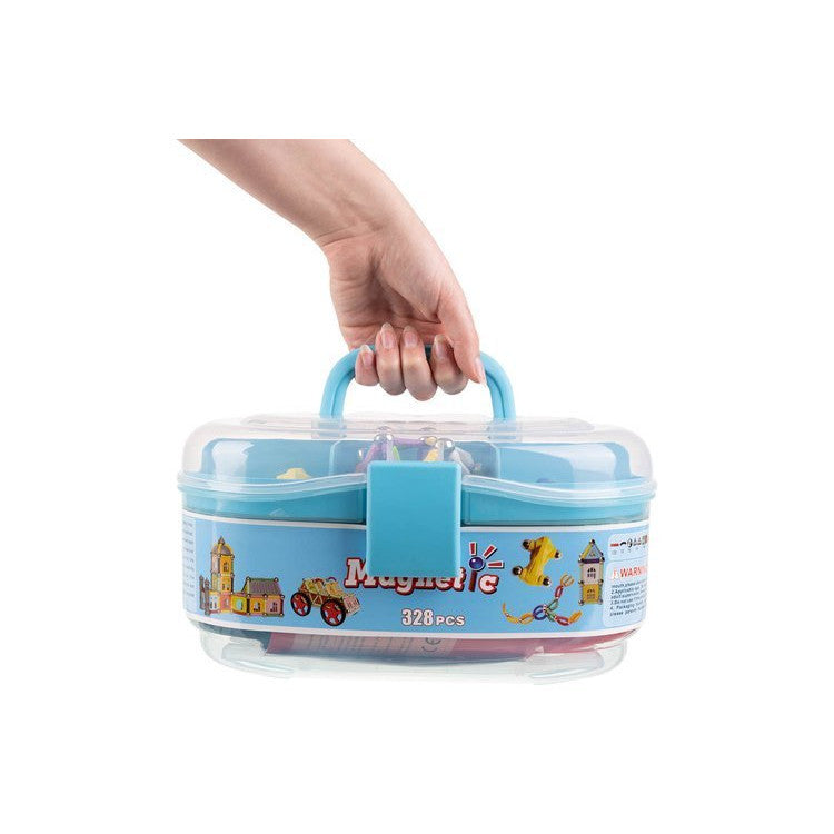 Joc Educativ cu Bastonase Magnetice, Magnetic Cubs idealStore, Contine 328 Piese, Diverse Forme si Culori, Materiale Sigure si Durabile, 2 Masinute Incluse, Stimuleaza Creativitatea, Imaginatia, Dexteritatea