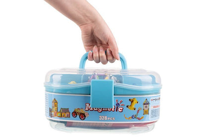 Bastonase Magnetice Magnetic Cubs idealStore, Contine 328 Piese, Diverse Forme si Culori, Materiale Sigure si Durabile, 2 Masinute Incluse, Stimuleaza Creativitatea, Organizator Inclus