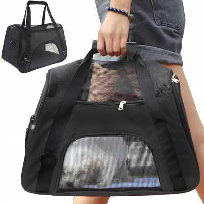 Geanta de transport animale idealStore AnimalSafeBag, cu Maner si Curea de Umar, Material Ventilat si Rezistent, Sarcina maxima 8 kg, culoare Negru