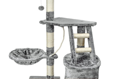 Ansamblu de joaca pentru pisici idealSTORE CatHeaven5 tip turn cu 5 niveluri, Acoperit cu un material durabil, Moale la atingere, Accesorizat cu franghie verticala pentru joaca, Scara, Loc pentru odihna