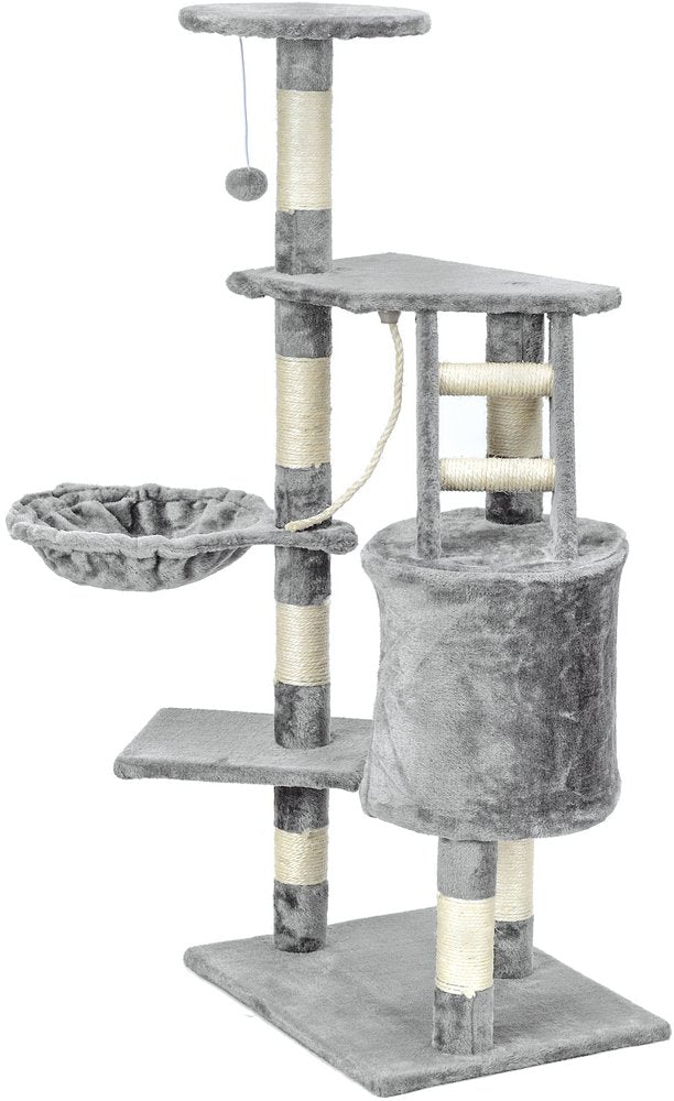 Ansamblu de joaca pentru pisici idealSTORE CatHeaven5 tip turn cu 5 niveluri, Acoperit cu un material durabil, Moale la atingere, Accesorizat cu franghie verticala pentru joaca, Scara, Loc pentru odihna