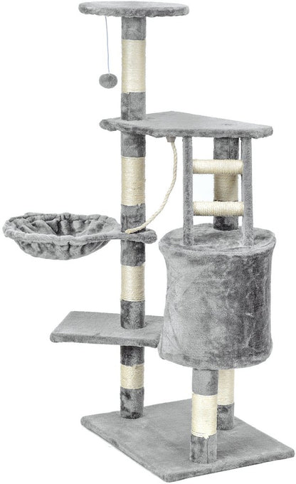 Ansamblu de joaca pentru pisici idealSTORE CatHeaven5 tip turn cu 5 niveluri, Acoperit cu un material durabil, Moale la atingere, Accesorizat cu franghie verticala pentru joaca, Scara, Loc pentru odihna