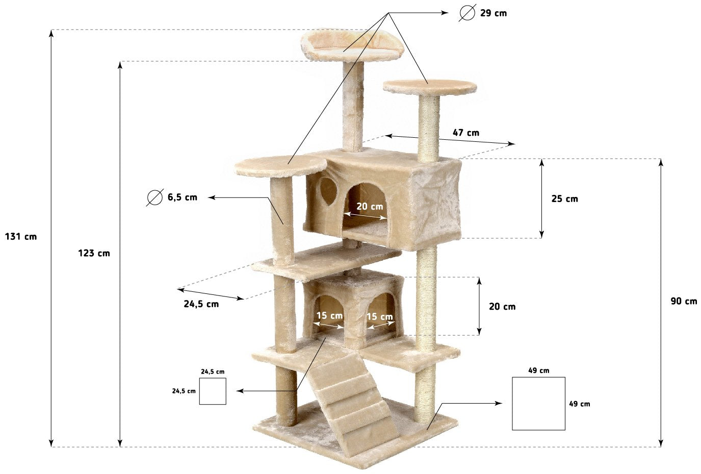Ansamblu de joaca pentru pisici idealStore Funny Tower, 3 Turnulete, 2 Casute, Snur Sisal, Tapiterie Moale, Foarte Stabil, 131 cm inaltime