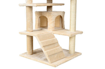 Ansamblu de joaca pentru pisici idealStore Funny Tower, 3 Turnulete, 2 Casute, Snur Sisal, Tapiterie Moale, Foarte Stabil, 131 cm inaltime
