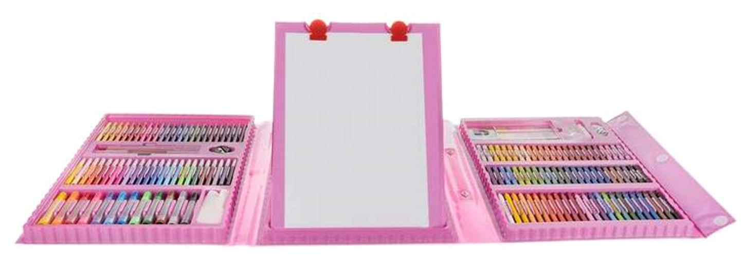 Set XXL de desen si pictura pentru copii SUPER ART IdealStore, cu valiza organizatoare, roz contine 208 piese, Dimensiune- 31 x 41 x 5 cm, pentru a incepe o aventura artistica