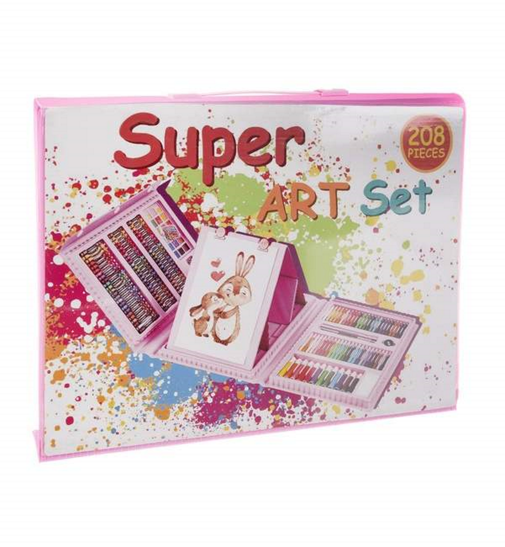 Set XXL de desen si pictura pentru copii SUPER ART IdealStore, cu valiza organizatoare, roz contine 208 piese, Dimensiune- 31 x 41 x 5 cm, pentru a incepe o aventura artistica
