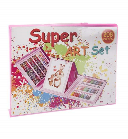 Set XXL de desen si pictura pentru copii SUPER ART IdealStore, cu valiza organizatoare, roz contine 208 piese, Dimensiune- 31 x 41 x 5 cm, pentru a incepe o aventura artistica