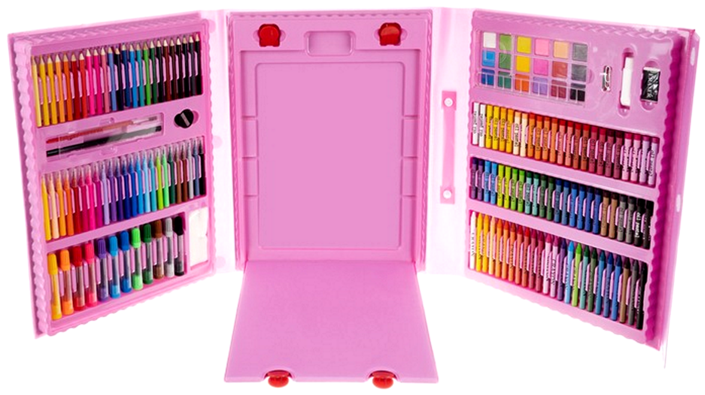 Set XXL de desen si pictura pentru copii SUPER ART IdealStore, cu valiza organizatoare, roz contine 208 piese, Dimensiune- 31 x 41 x 5 cm, pentru a incepe o aventura artistica