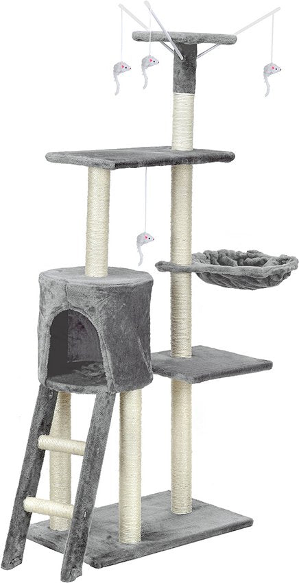 Ansamblu de joaca pentru pisici idealStore Allen Tower, 1 Casuta, 1 Vizuina, 3 Platforme, Snur Sisal, Tapiterie Moale, Foarte Stabil, 135 cm inaltime