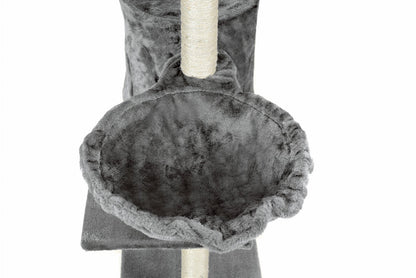 Ansamblu de joaca pentru pisici idealStore Allen Tower, 1 Casuta, 1 Vizuina, 3 Platforme, Snur Sisal, Tapiterie Moale, Foarte Stabil, 135 cm inaltime