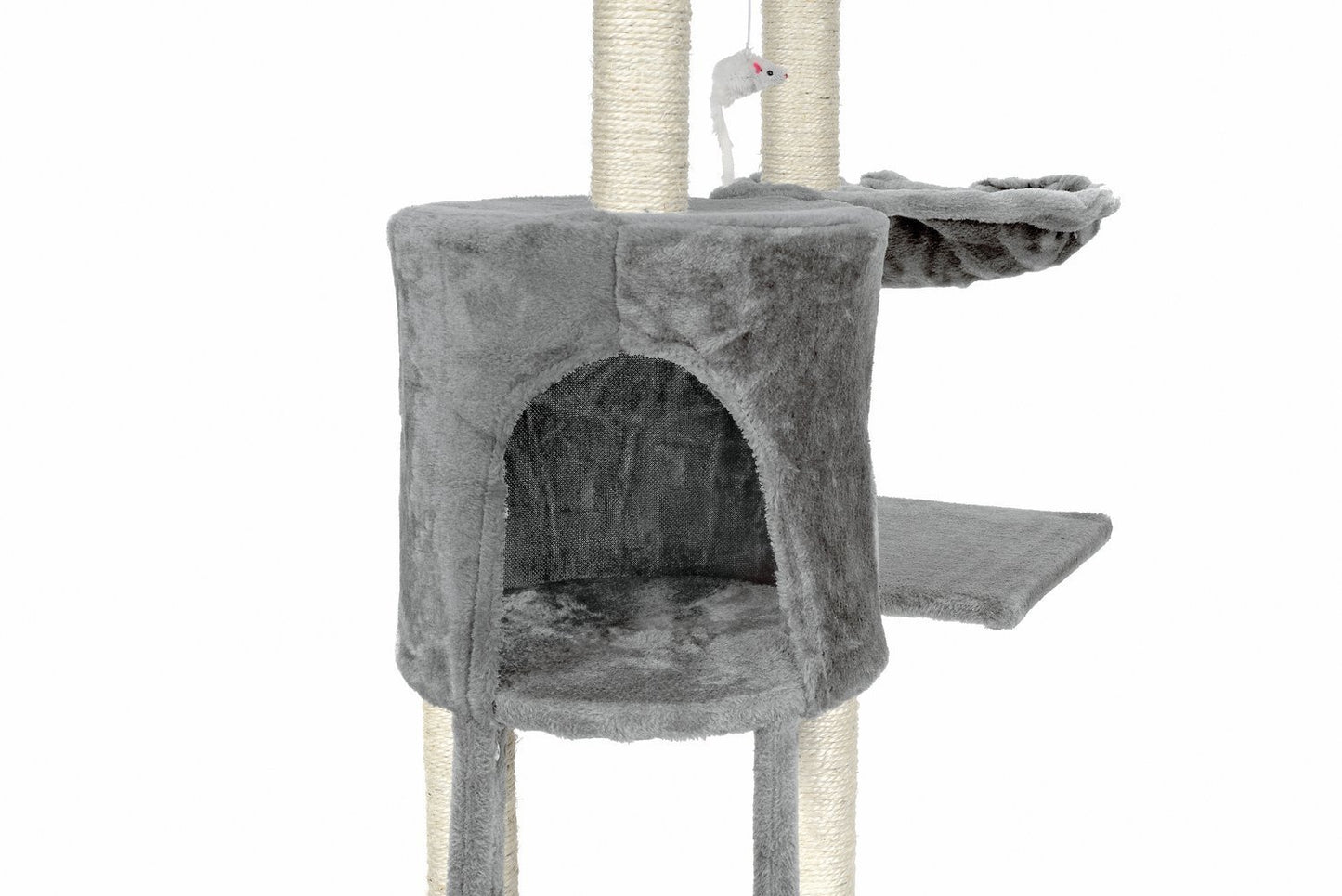 Ansamblu de joaca pentru pisici idealStore Allen Tower, 1 Casuta, 1 Vizuina, 3 Platforme, Snur Sisal, Tapiterie Moale, Foarte Stabil, 135 cm inaltime