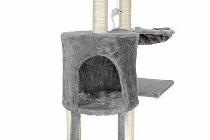 Ansamblu de joaca pentru pisici idealStore Allen Tower, 1 Casuta, 1 Vizuina, 3 Platforme, Snur Sisal, Tapiterie Moale, Foarte Stabil, 135 cm inaltime