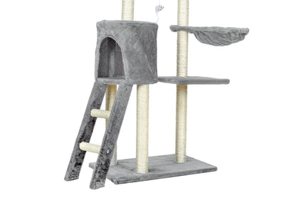 Ansamblu de joaca pentru pisici idealStore Allen Tower, 1 Casuta, 1 Vizuina, 3 Platforme, Snur Sisal, Tapiterie Moale, Foarte Stabil, 135 cm inaltime