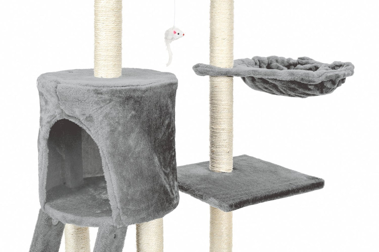 Ansamblu de joaca pentru pisici idealStore Allen Tower, 1 Casuta, 1 Vizuina, 3 Platforme, Snur Sisal, Tapiterie Moale, Foarte Stabil, 135 cm inaltime