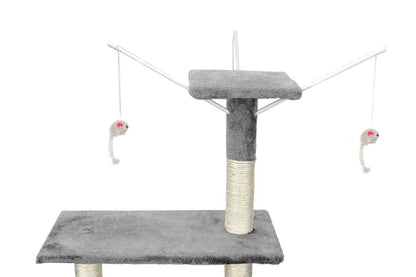 Ansamblu de joaca pentru pisici idealStore Allen Tower, 1 Casuta, 1 Vizuina, 3 Platforme, Snur Sisal, Tapiterie Moale, Foarte Stabil, 135 cm inaltime