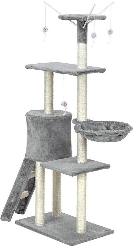 Ansamblu de joaca pentru pisici idealStore Allen Tower, 1 Casuta, 1 Vizuina, 3 Platforme, Snur Sisal, Tapiterie Moale, Foarte Stabil, 135 cm inaltime