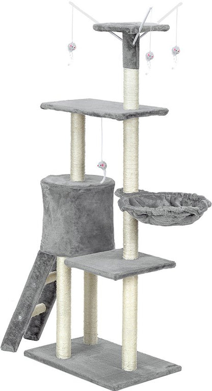Ansamblu de joaca pentru pisici idealStore Allen Tower, 1 Casuta, 1 Vizuina, 3 Platforme, Snur Sisal, Tapiterie Moale, Foarte Stabil, 135 cm inaltime