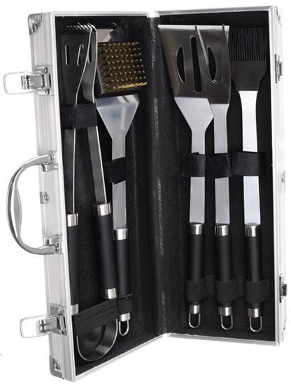 Set Ustensile si Accesorii pentru Gratar idealStore LuxKam, set de 5 accesorii Universale, calitate Premium, Fabricate din Otel Inoxidabil, Rezistenta la Temperaturi Ridicate, Carcasa din Aluminiu